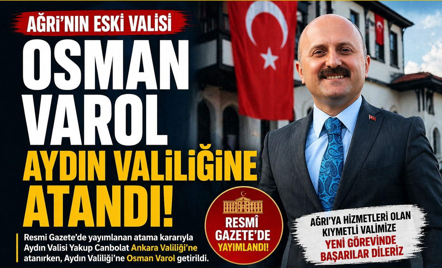 Ağrı’nın Eski Valisi Osman Varol Aydın Valiliğine Atandı