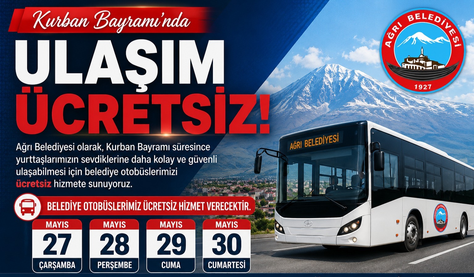 Ağrı Belediyesi’nden Bayramda Ücretsiz Ulaşım Hizmeti